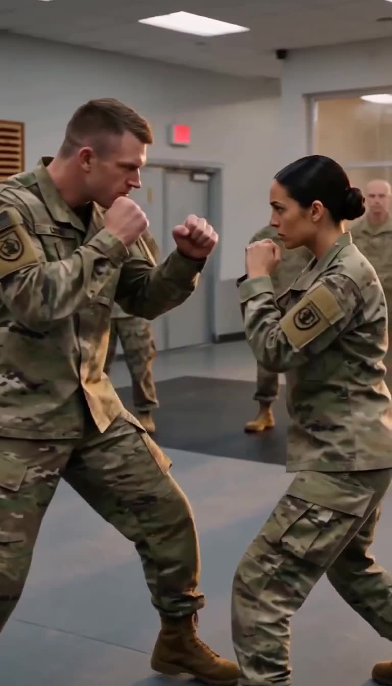 Male and female soldiers squaring off on mats