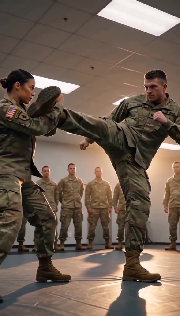 Male soldier's high kick blocked by female soldier